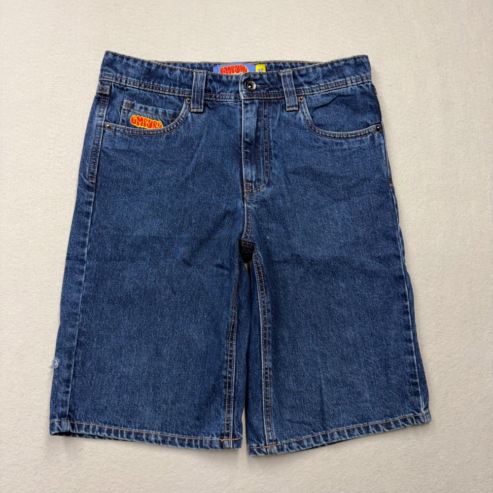 Empyre Denim Shorts Women 27 Blue Y2K Baggy Skate Embroidered Logo Cargo Jorts